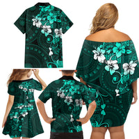 Fiji Masi Family Matching Off Shoulder Short Dress and Hawaiian Shirt Fijian Hibiscus Tapa Turquoise Version LT01 - Polynesian Pride