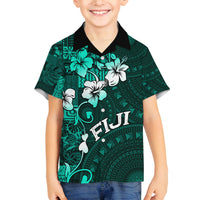 Fiji Masi Family Matching Off Shoulder Short Dress and Hawaiian Shirt Fijian Hibiscus Tapa Turquoise Version LT01 Son's Shirt Turquoise - Polynesian Pride