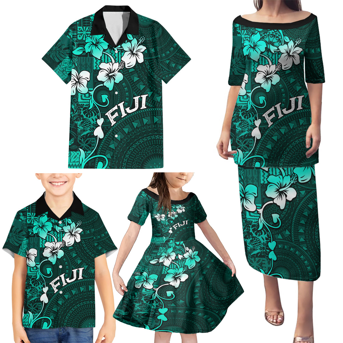 Fiji Masi Family Matching Puletasi Dress and Hawaiian Shirt Fijian Hibiscus Tapa Turquoise Version LT01 - Polynesian Pride