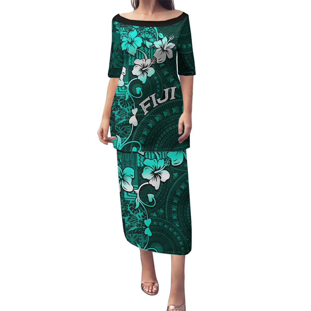 Fiji Masi Family Matching Puletasi Dress and Hawaiian Shirt Fijian Hibiscus Tapa Turquoise Version LT01 Mom's Dress Turquoise - Polynesian Pride