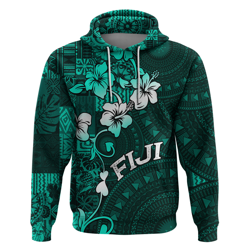 Fiji Masi Hoodie Fijian Hibiscus Tapa Turquoise Version LT01 Pullover Hoodie Turquoise - Polynesian Pride