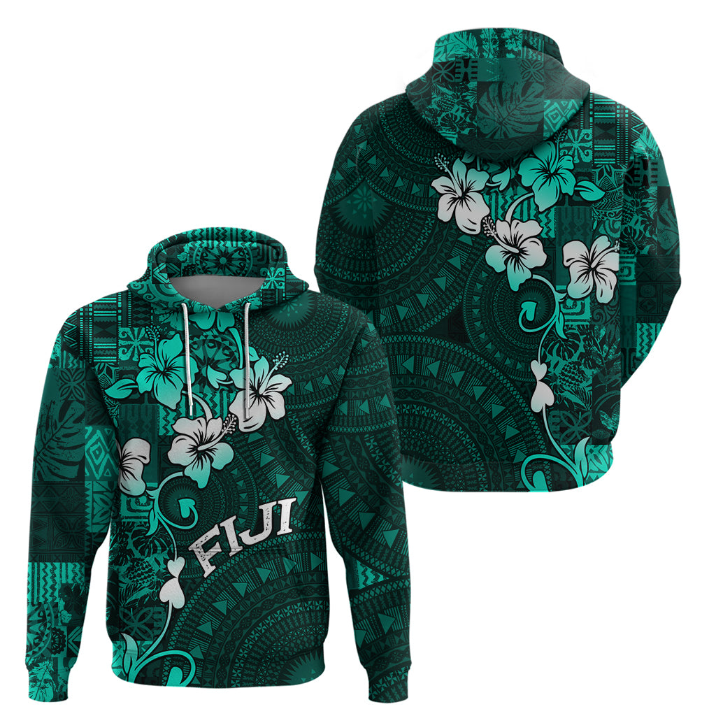 Fiji Masi Hoodie Fijian Hibiscus Tapa Turquoise Version LT01 - Polynesian Pride