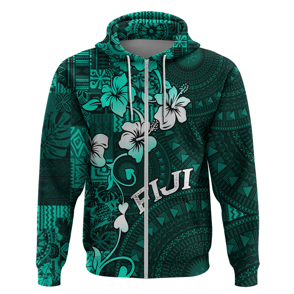Fiji Masi Hoodie Fijian Hibiscus Tapa Turquoise Version LT01 Zip Hoodie Turquoise - Polynesian Pride