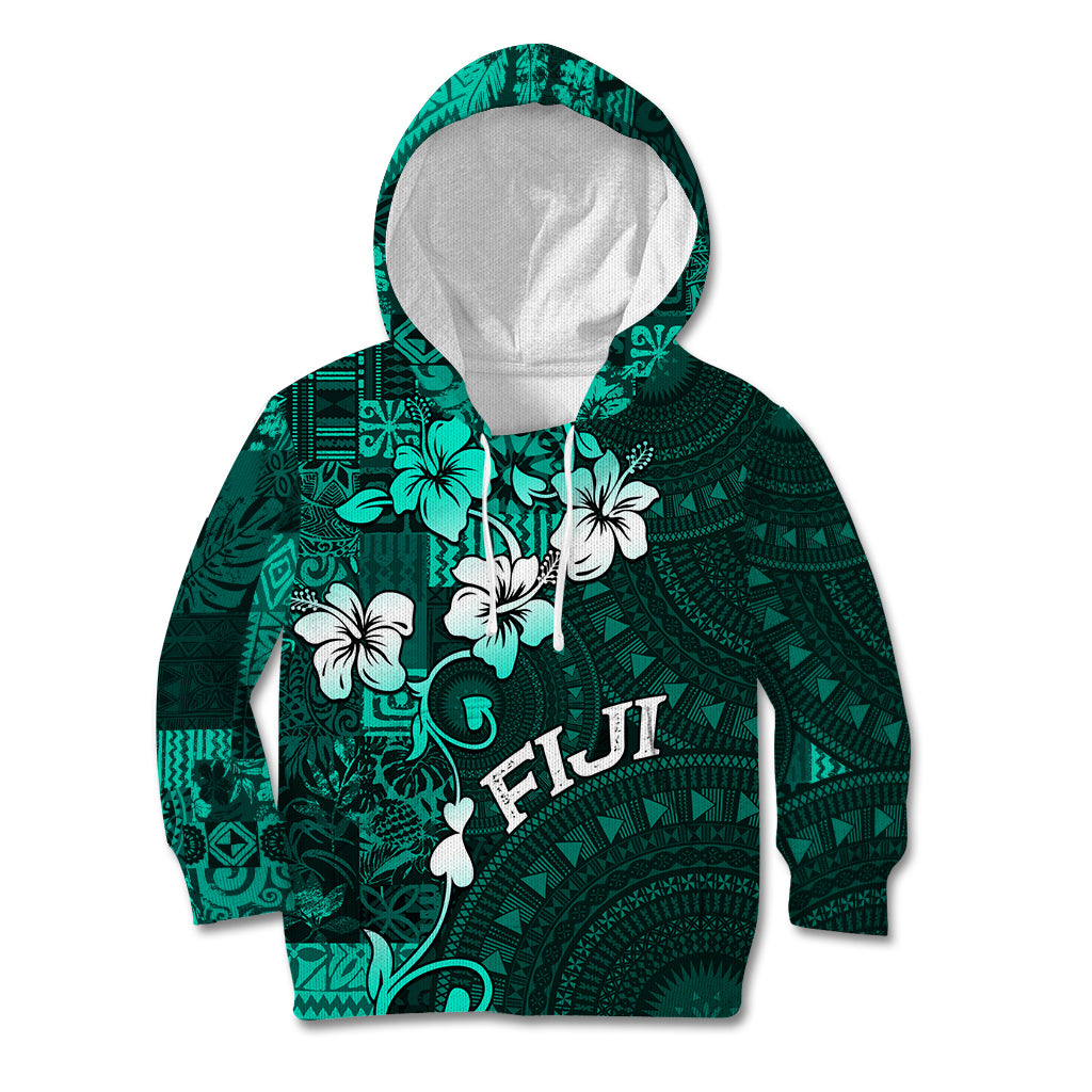 Fiji Masi Kid Hoodie Fijian Hibiscus Tapa Turquoise Version LT01 Turquoise - Polynesian Pride