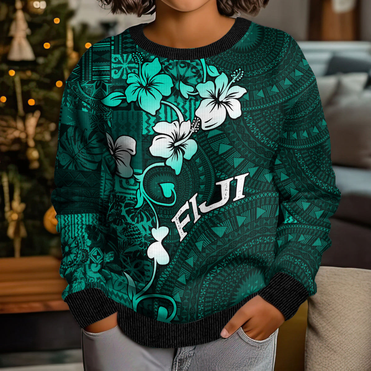 Fiji Masi Kid Ugly Christmas Sweater Fijian Hibiscus Tapa Turquoise Version LT01 - Polynesian Pride
