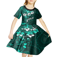 Fiji Masi Kid Short Sleeve Dress Fijian Hibiscus Tapa Turquoise Version LT01 - Polynesian Pride