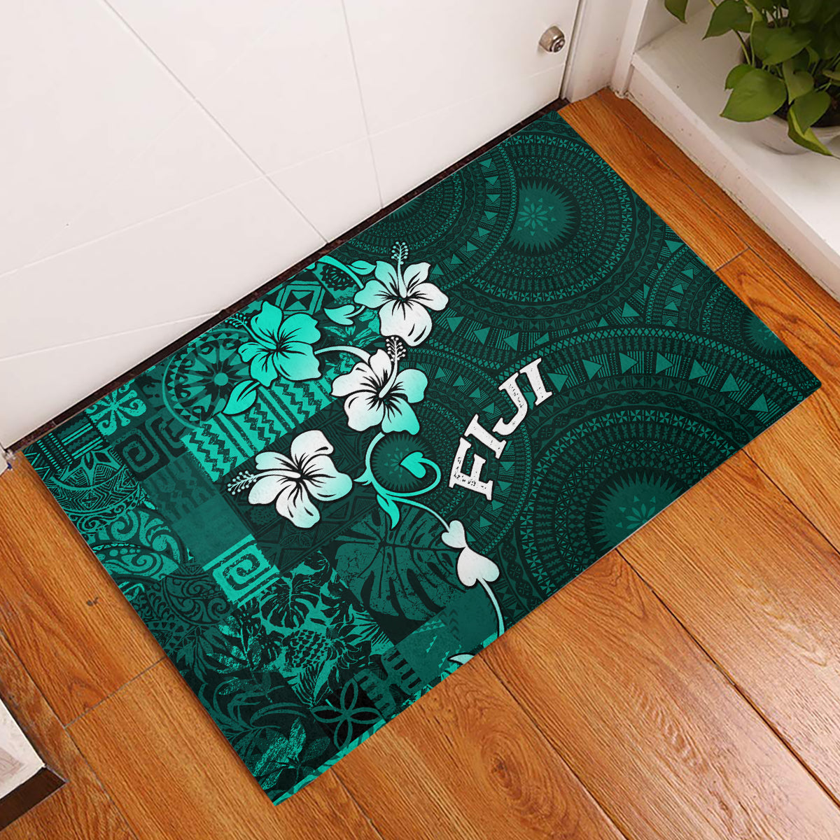 Fiji Masi Rubber Doormat Fijian Hibiscus Tapa Turquoise Version LT01 Turquoise - Polynesian Pride