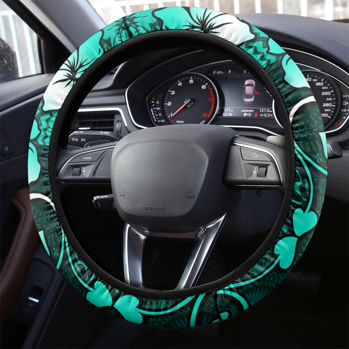 Fiji Masi Steering Wheel Cover Fijian Hibiscus Tapa Turquoise Version