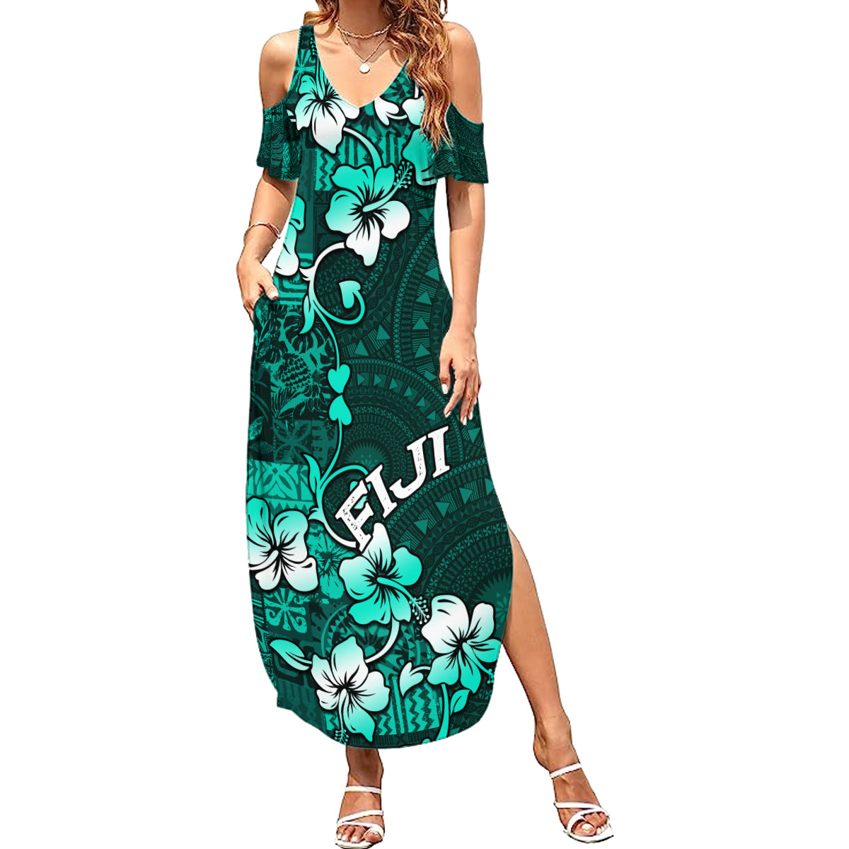 Fiji Masi Summer Maxi Dress Fijian Hibiscus Tapa Turquoise Version LT01 Women Turquoise - Polynesian Pride