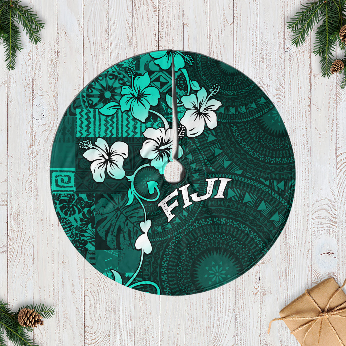 Fiji Masi Tree Skirt Fijian Hibiscus Tapa Turquoise Version LT01 Casual Tree Skirts Turquoise - Polynesian Pride