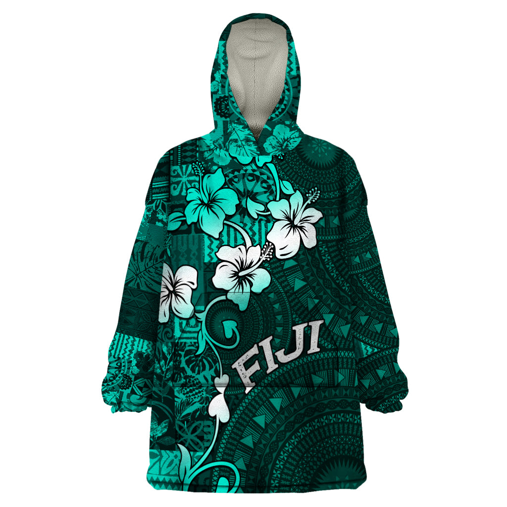 Fiji Masi Wearable Blanket Hoodie Fijian Hibiscus Tapa Turquoise Version LT01 One Size Turquoise - Polynesian Pride