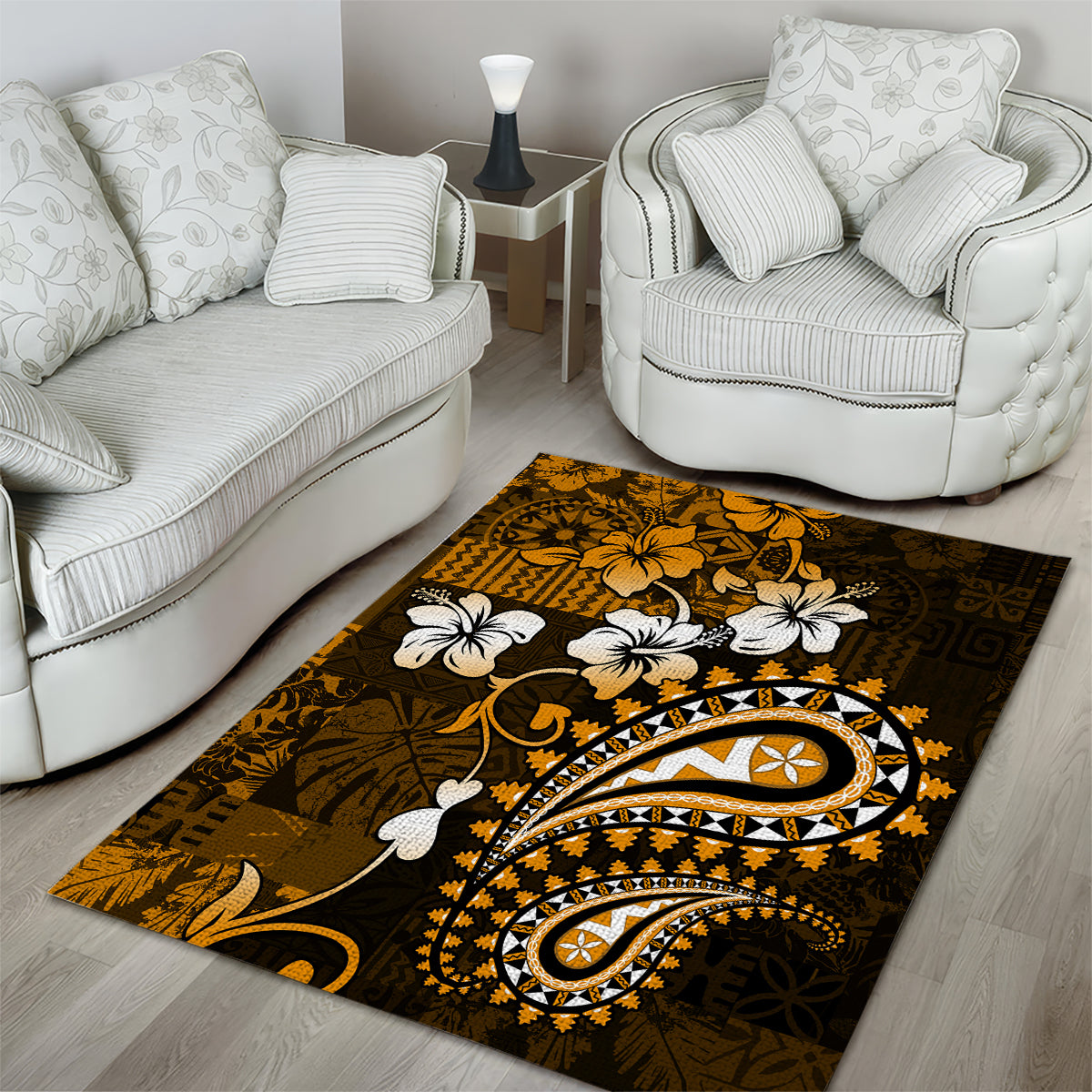 Fiji Masi Paisley With Hibiscus Tapa Area Rug Gold Version LT01 - Polynesian Pride