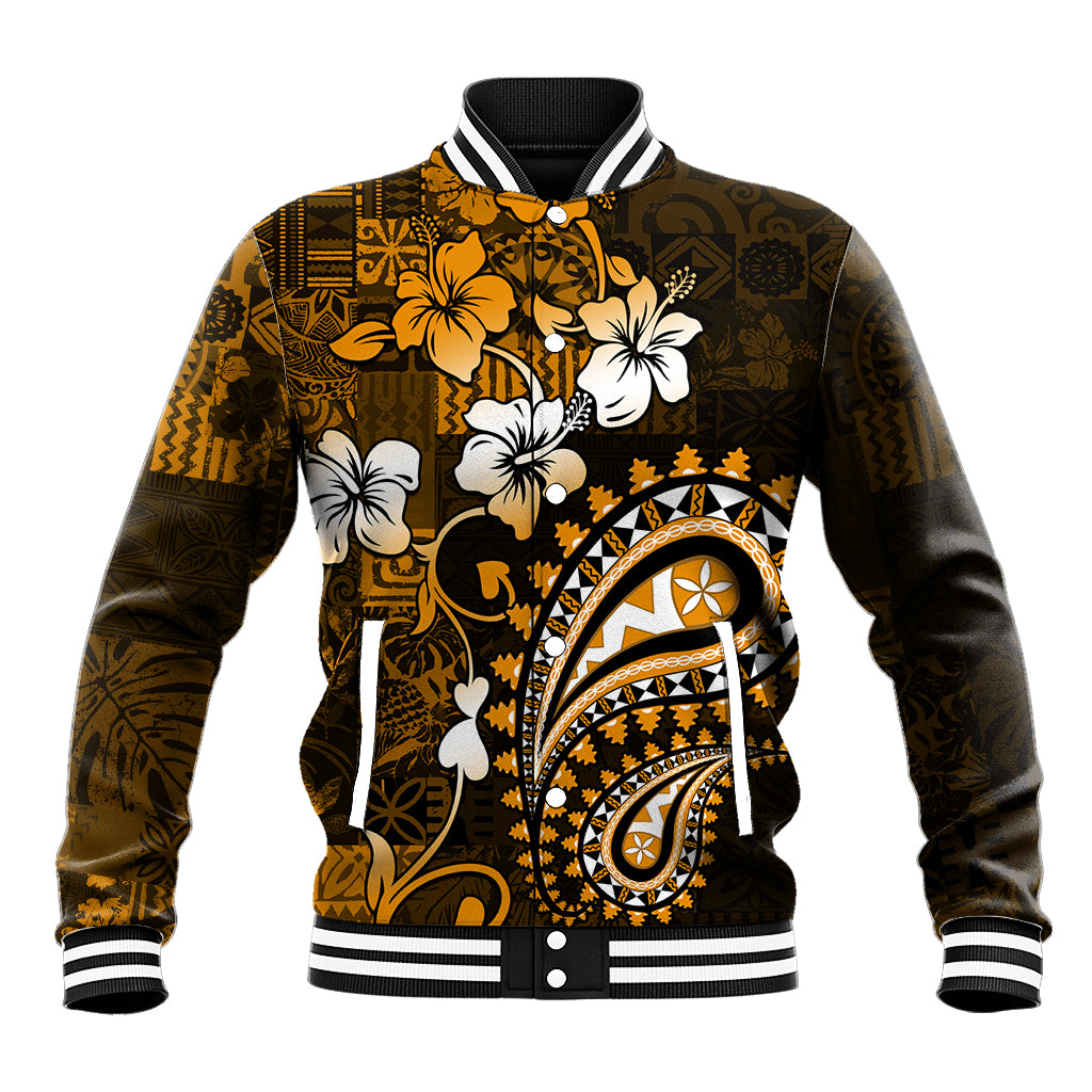 Fiji Masi Paisley With Hibiscus Tapa Baseball Jacket Gold Version LT01 Unisex Gold - Polynesian Pride