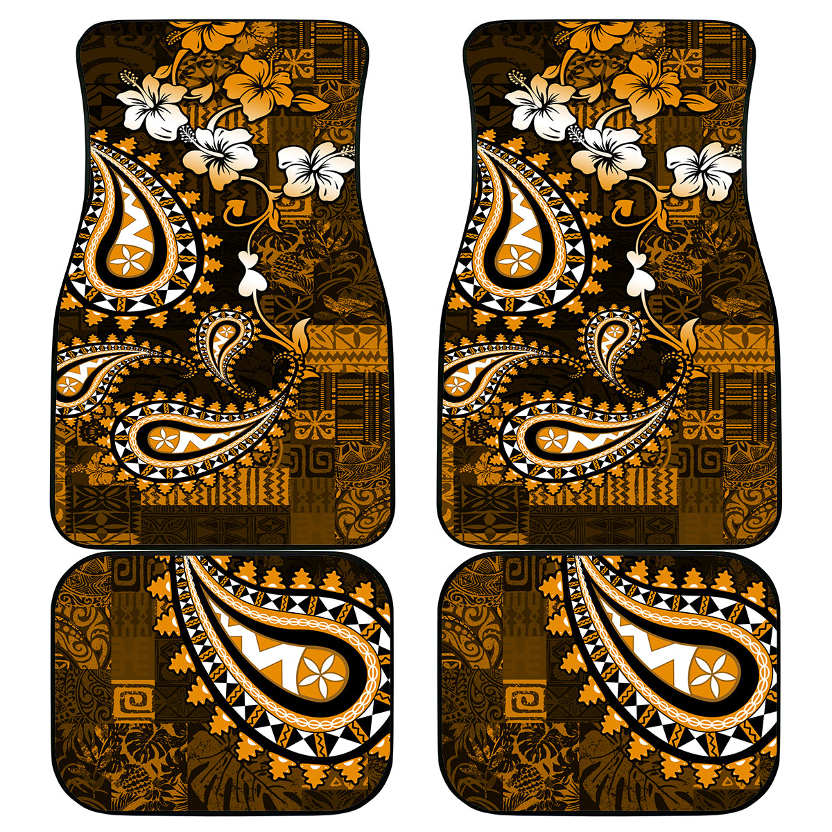 Fiji Masi Paisley With Hibiscus Tapa Car Mats Gold Version LT01 Gold - Polynesian Pride