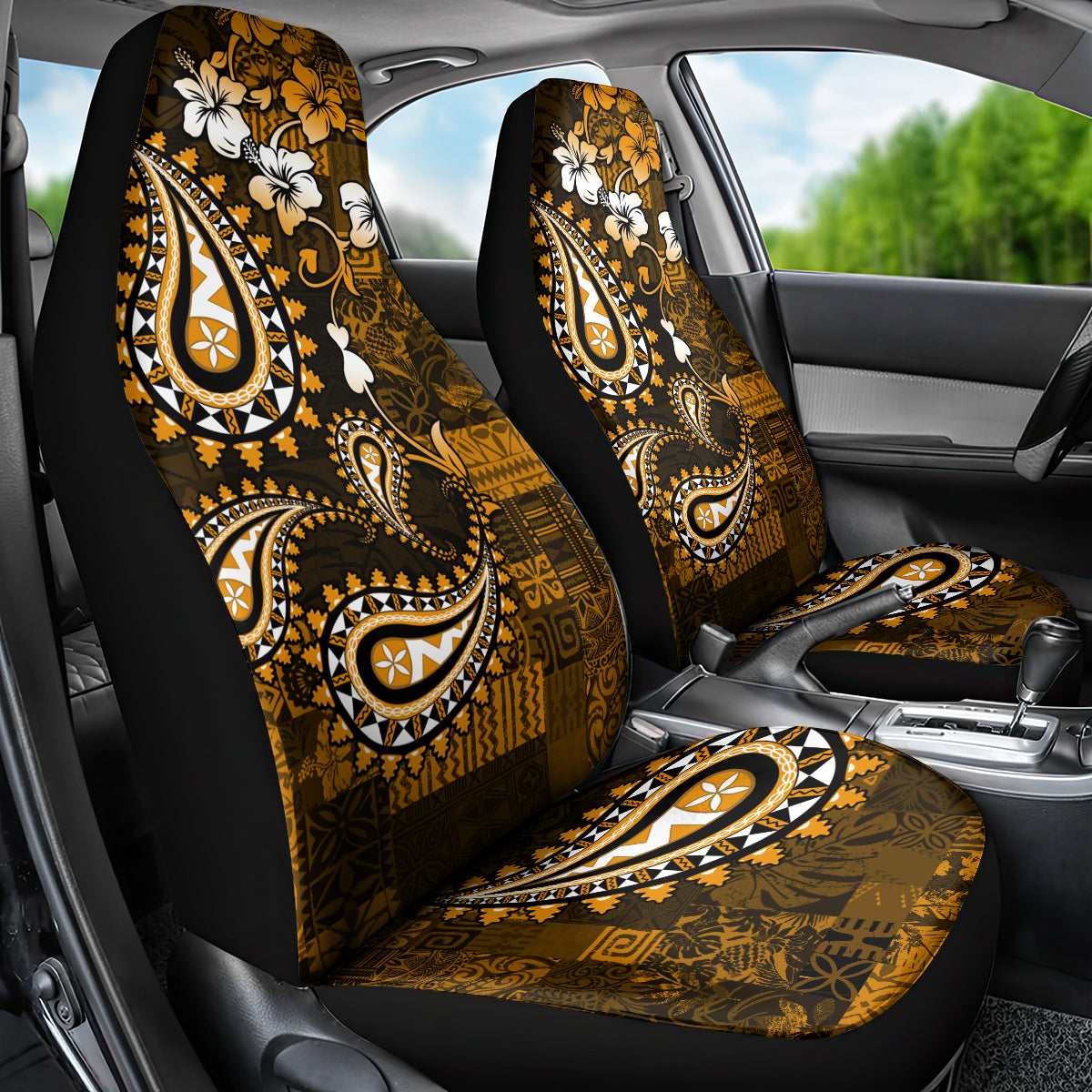 Fiji Masi Paisley With Hibiscus Tapa Car Seat Cover Gold Version LT01 - Polynesian Pride
