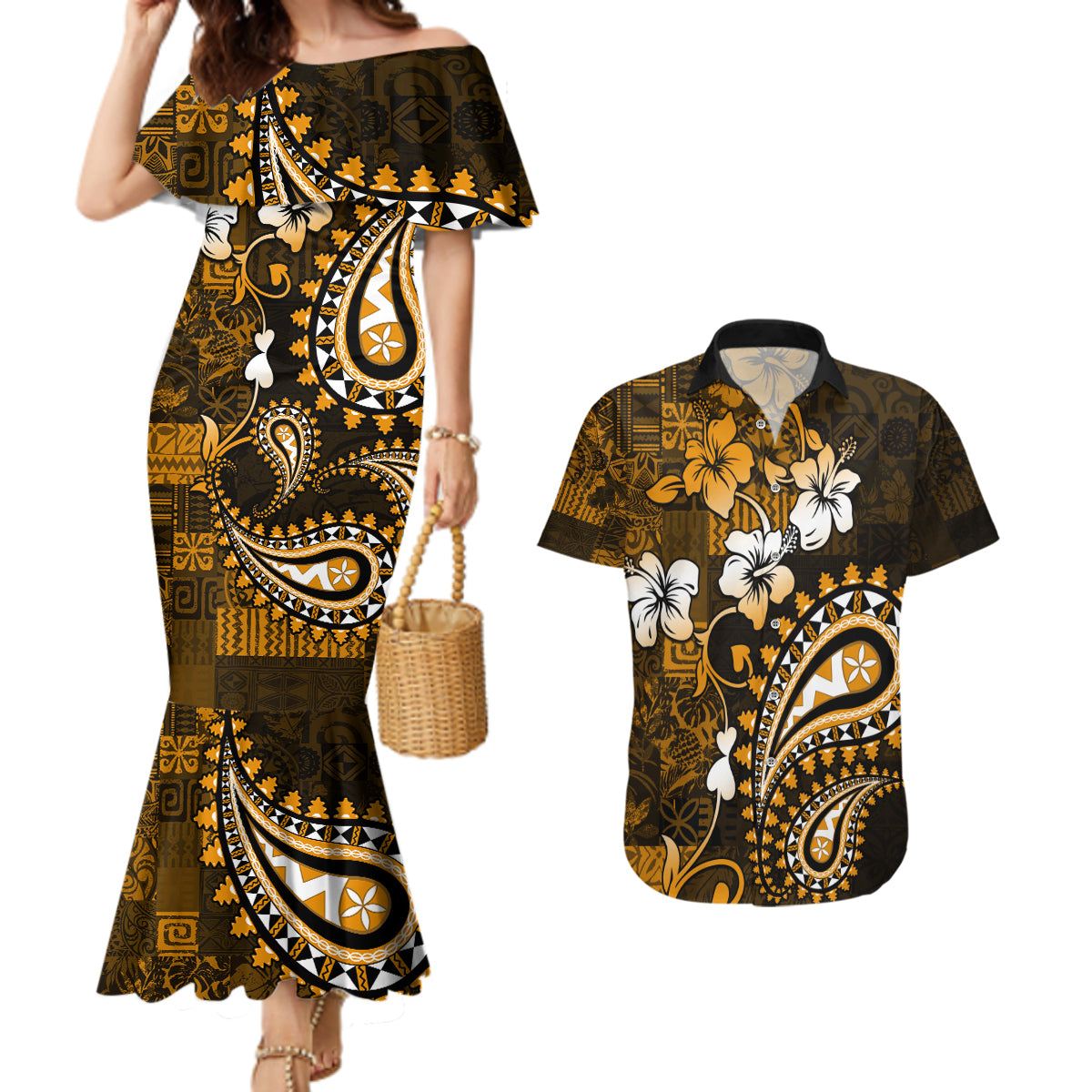 Fiji Masi Paisley With Hibiscus Tapa Couples Matching Mermaid Dress and Hawaiian Shirt Gold Version LT01 Gold - Polynesian Pride
