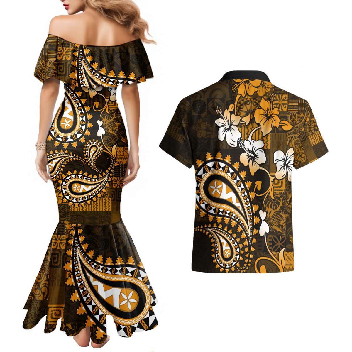 Fiji Masi Paisley With Hibiscus Tapa Couples Matching Mermaid Dress and Hawaiian Shirt Gold Version LT01 - Polynesian Pride