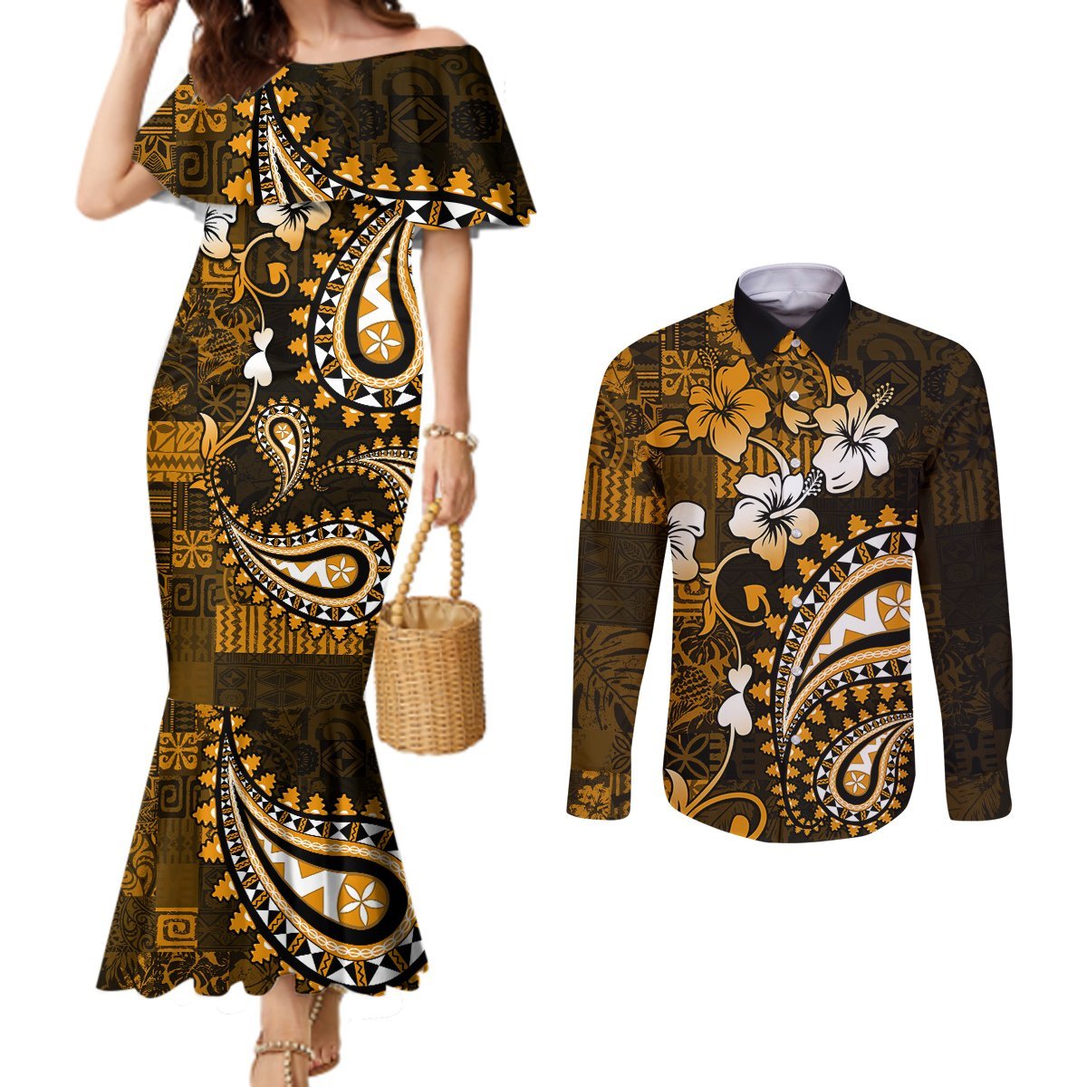 Fiji Masi Paisley With Hibiscus Tapa Couples Matching Mermaid Dress and Long Sleeve Button Shirt Gold Version LT01 Gold - Polynesian Pride