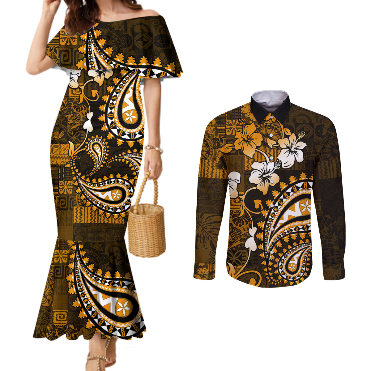 Fiji Masi Paisley With Hibiscus Tapa Couples Matching Mermaid Dress and Long Sleeve Button Shirt Gold Version LT01 Gold - Polynesian Pride