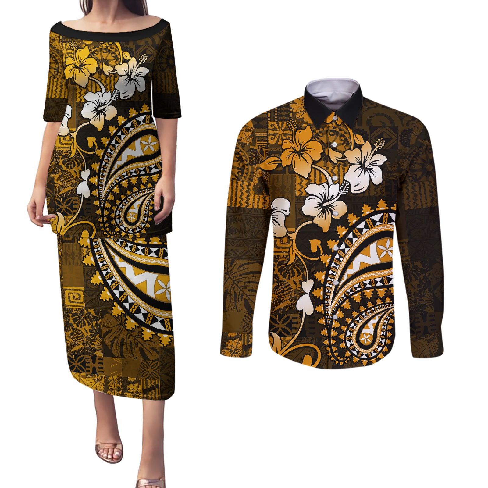 Fiji Masi Paisley With Hibiscus Tapa Couples Matching Puletasi Dress and Long Sleeve Button Shirt Gold Version LT01 Gold - Polynesian Pride