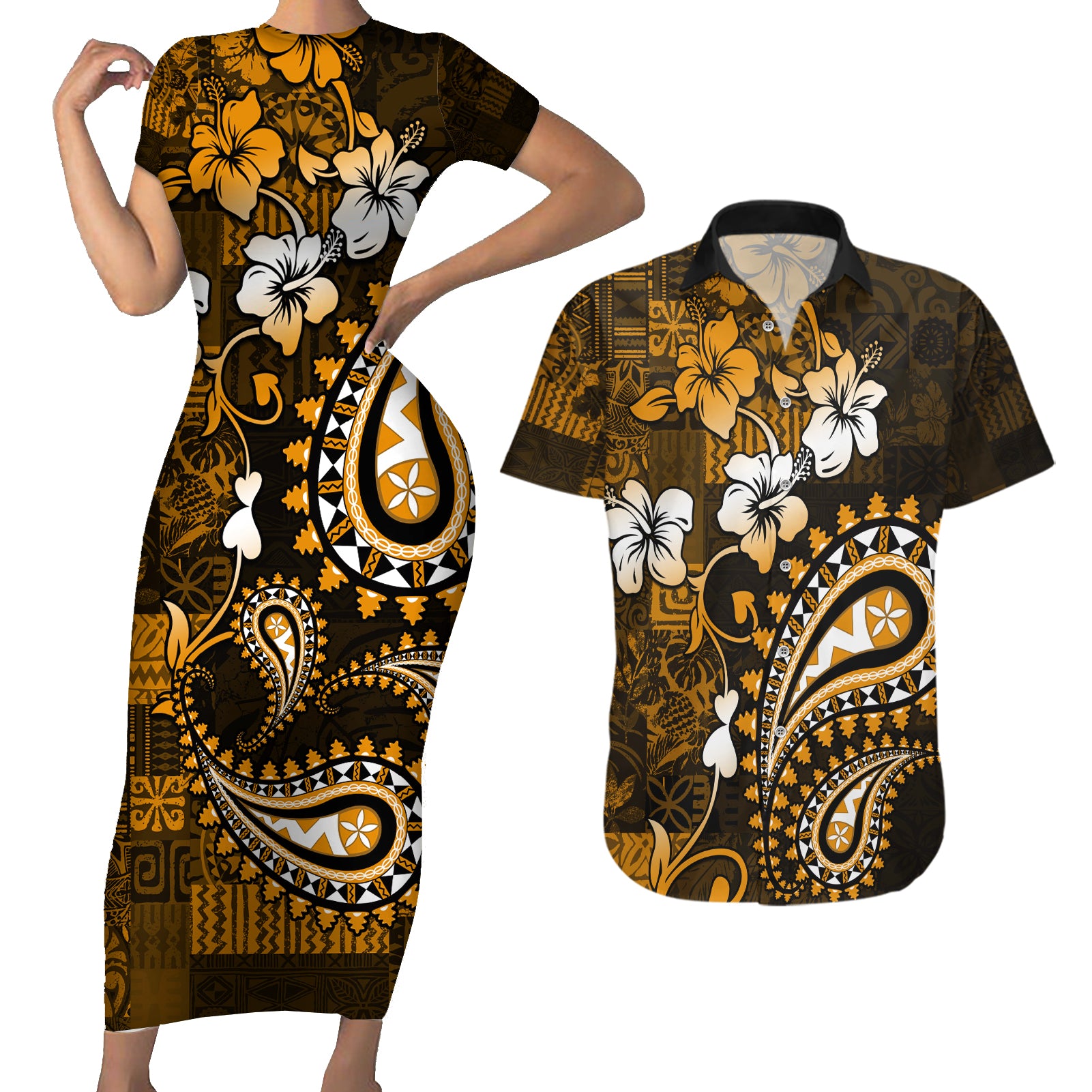 Fiji Masi Paisley With Hibiscus Tapa Couples Matching Short Sleeve Bodycon Dress and Hawaiian Shirt Gold Version LT01 Gold - Polynesian Pride