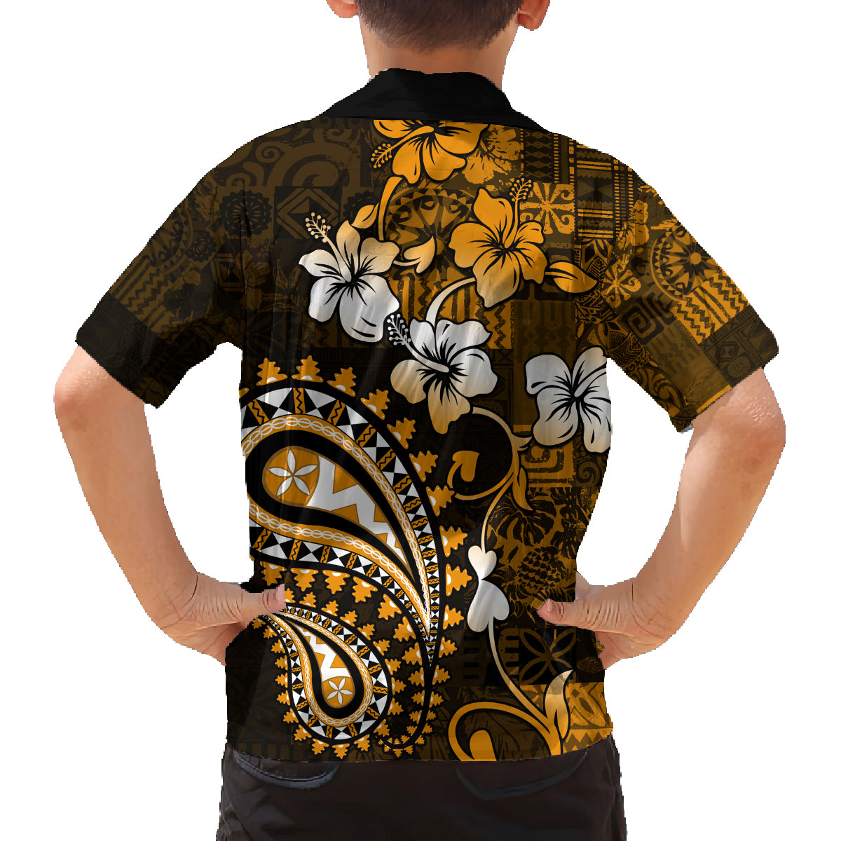 Fiji Masi Paisley With Hibiscus Tapa Family Matching Off Shoulder Maxi Dress and Hawaiian Shirt Gold Version LT01 - Polynesian Pride