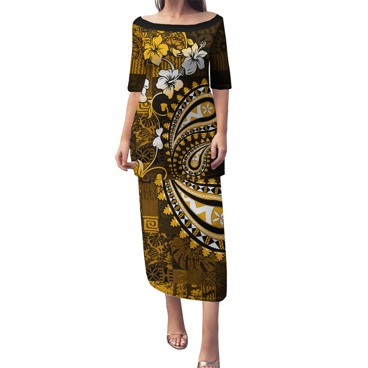 Fiji Masi Paisley With Hibiscus Tapa Family Matching Puletasi Dress and Hawaiian Shirt Gold Version LT01 Mom's Dress Gold - Polynesian Pride