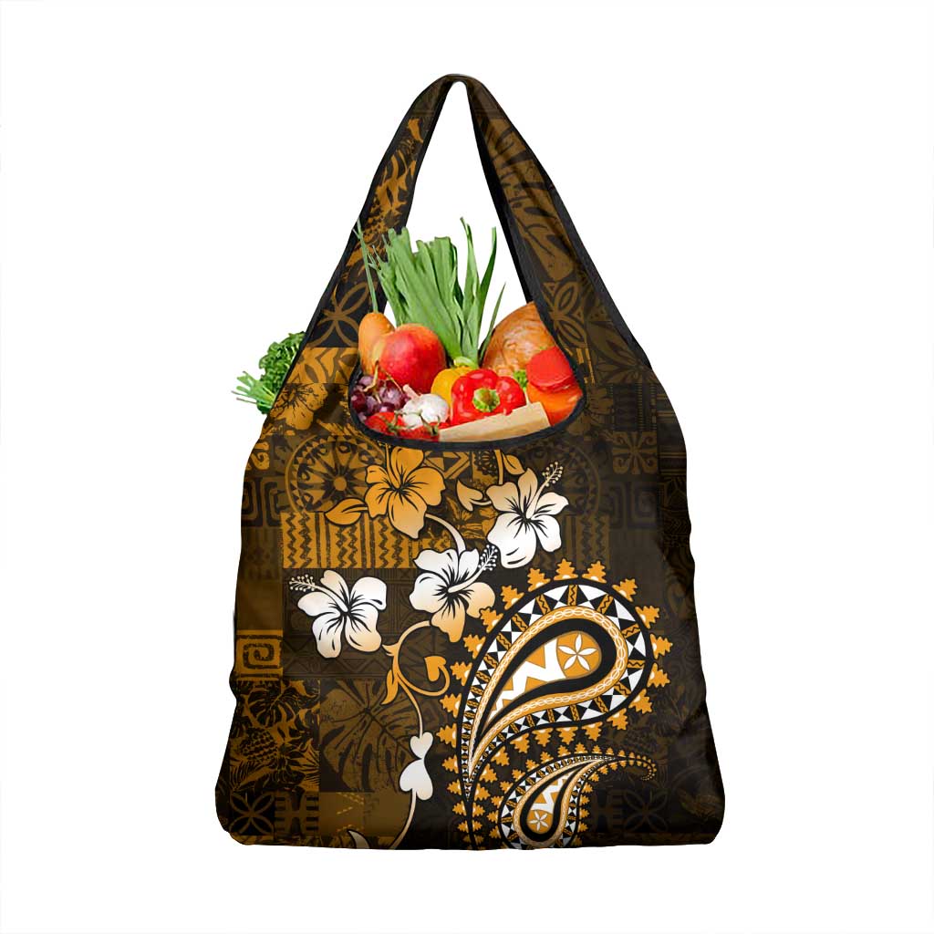 Fiji Masi Paisley With Hibiscus Tapa Grocery Bag Gold Version