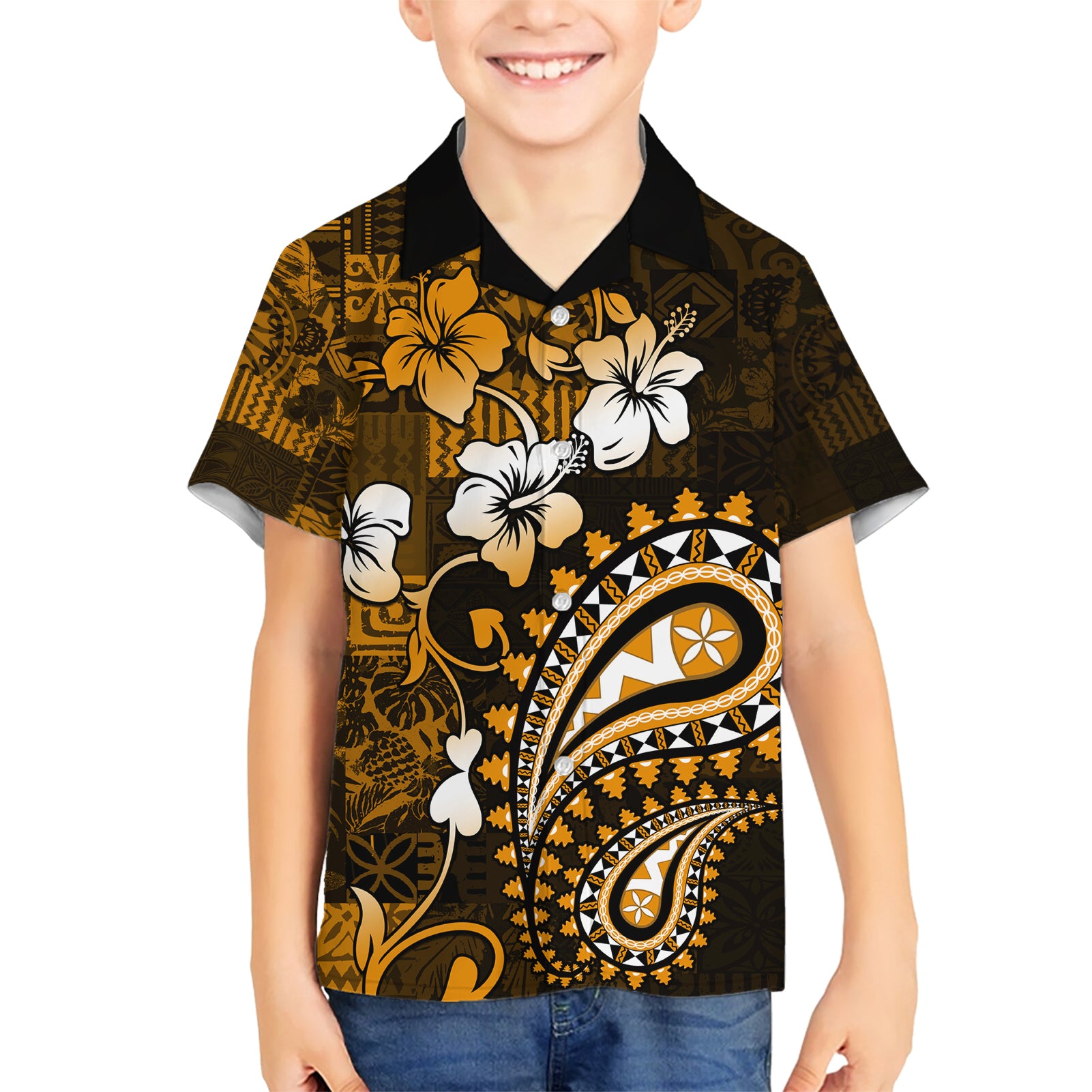 Fiji Masi Paisley With Hibiscus Tapa Kid Hawaiian Shirt Gold Version LT01 Kid Gold - Polynesian Pride