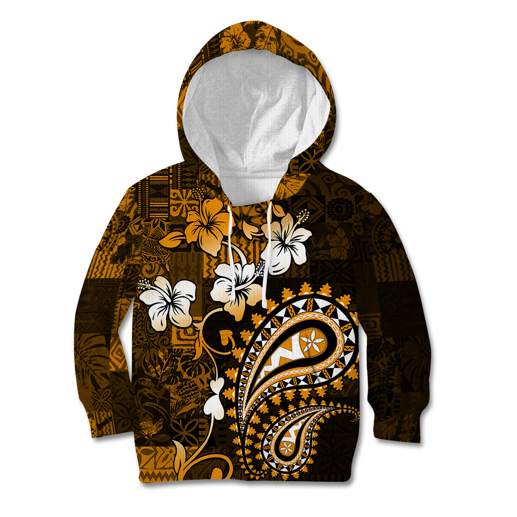 Fiji Masi Paisley With Hibiscus Tapa Kid Hoodie Gold Version LT01 Gold - Polynesian Pride