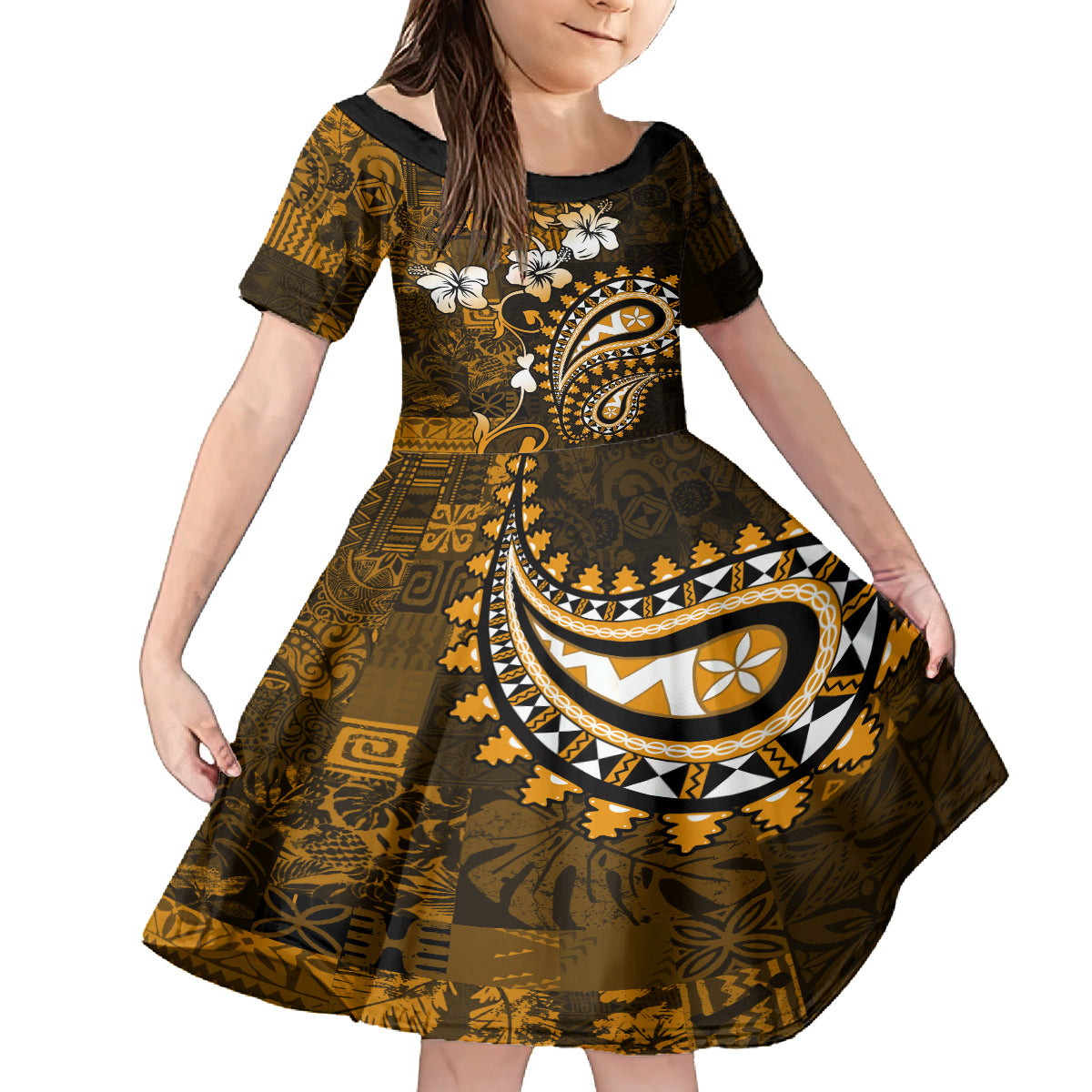 Fiji Masi Paisley With Hibiscus Tapa Kid Short Sleeve Dress Gold Version LT01 KID Gold - Polynesian Pride