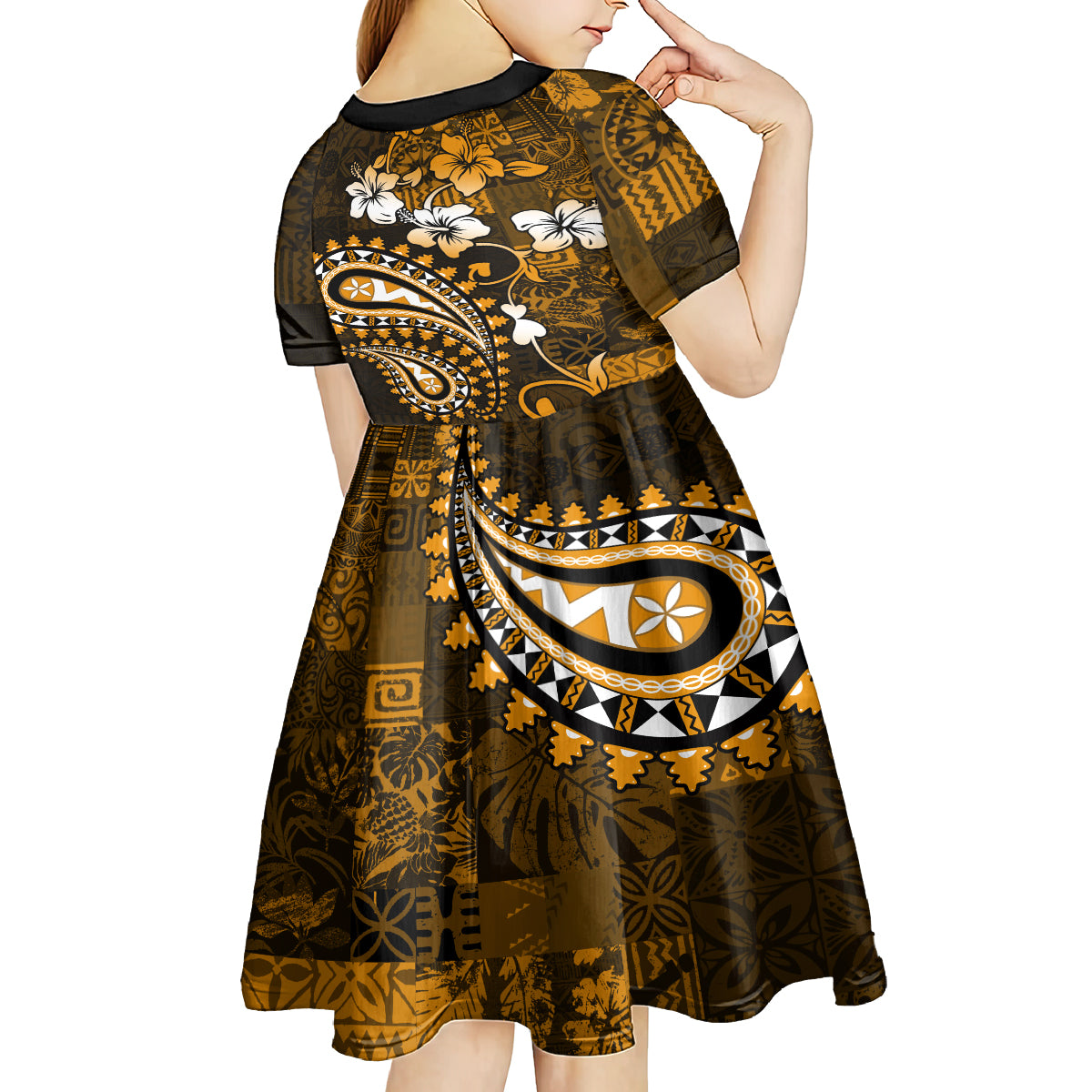 Fiji Masi Paisley With Hibiscus Tapa Kid Short Sleeve Dress Gold Version LT01 - Polynesian Pride