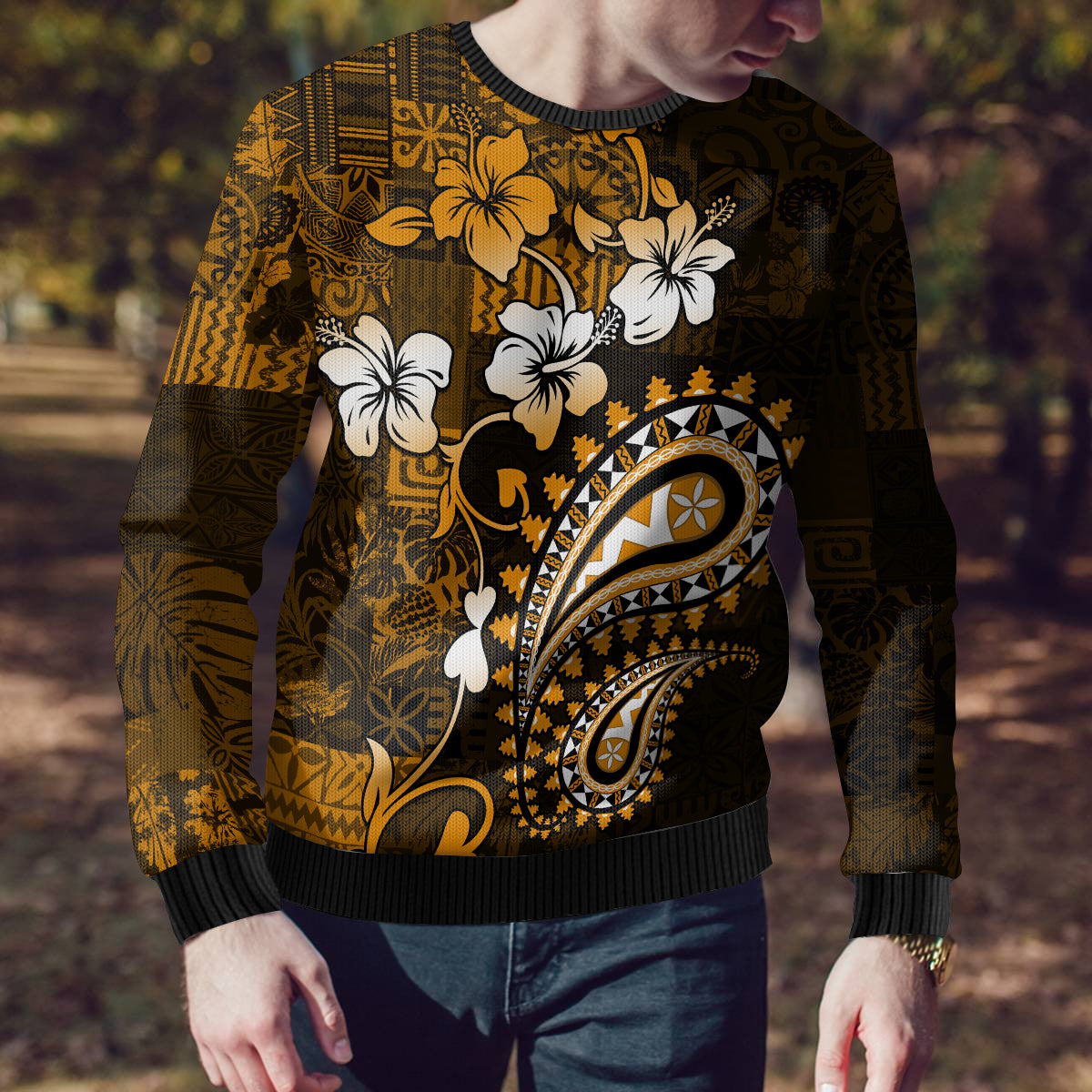 Fiji Masi Paisley With Hibiscus Tapa Ugly Christmas Sweater Gold Version LT01 - Polynesian Pride