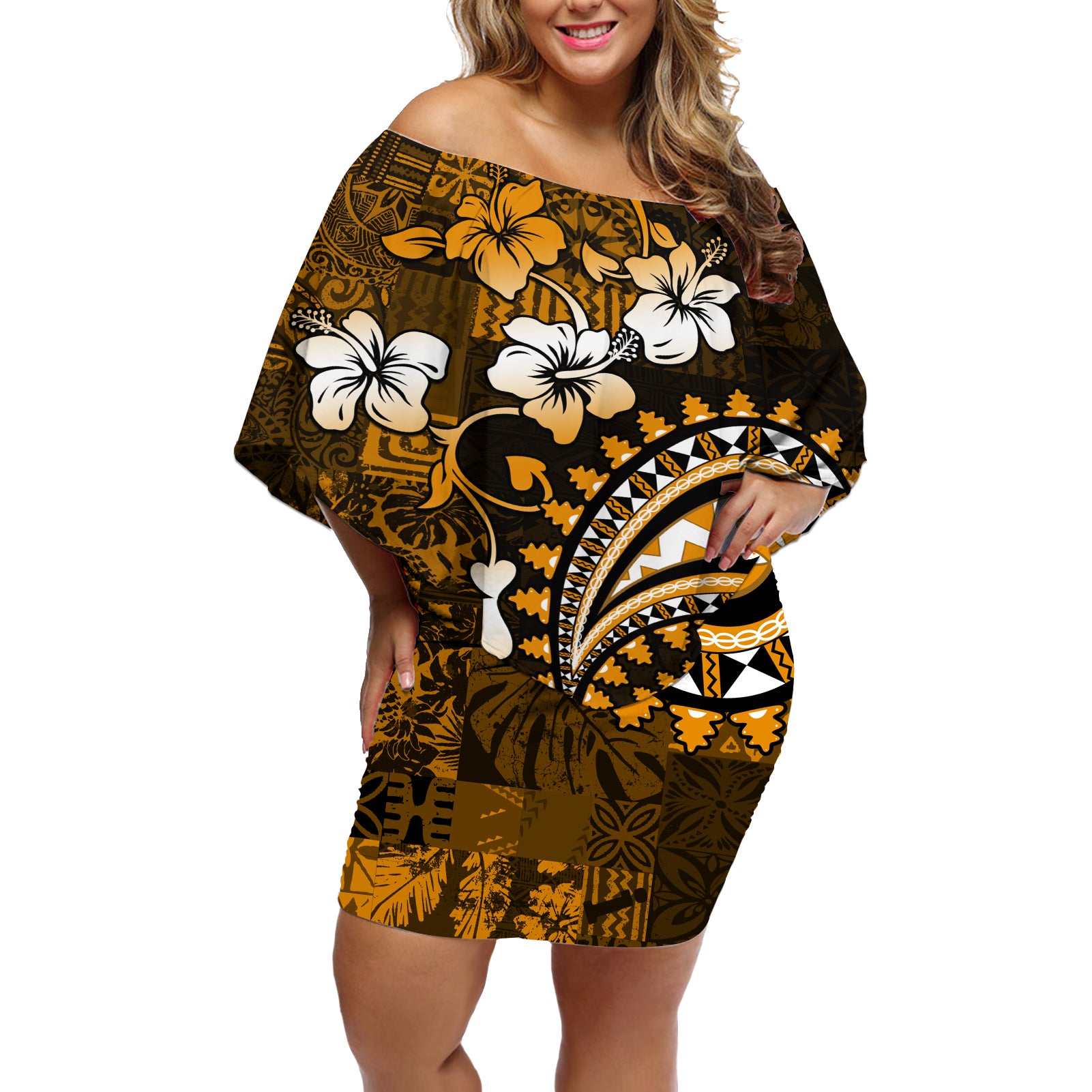 Fiji Masi Paisley With Hibiscus Tapa Off Shoulder Short Dress Gold Version LT01 Women Gold - Polynesian Pride