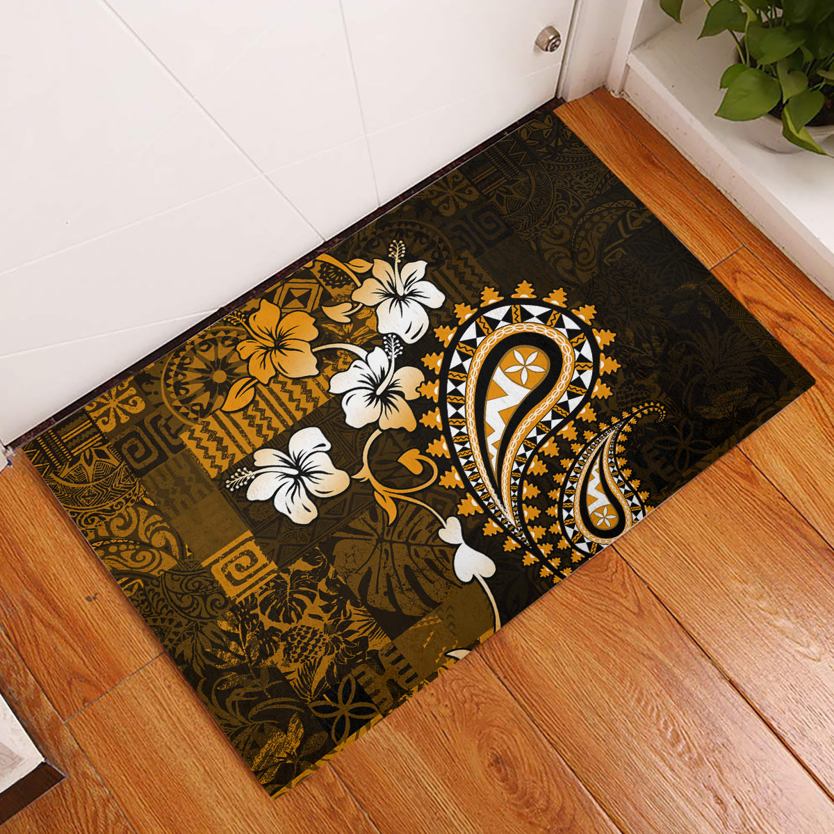 Fiji Masi Paisley With Hibiscus Tapa Rubber Doormat Gold Version LT01 Gold - Polynesian Pride