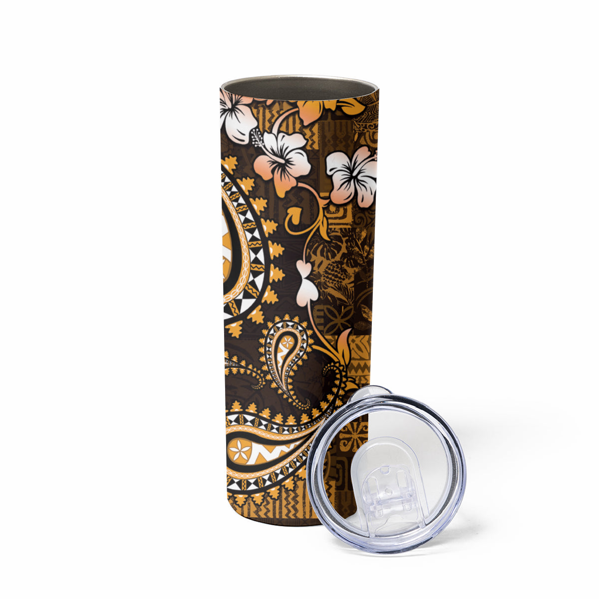 Fiji Masi Paisley With Hibiscus Tapa Skinny Tumbler Gold Version