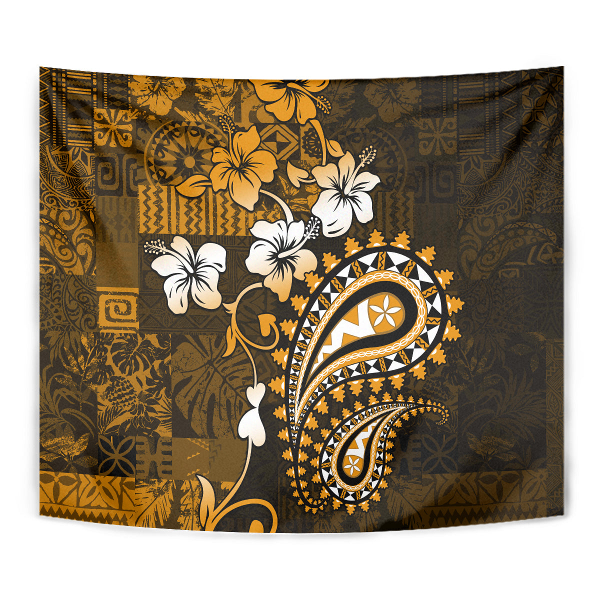 Fiji Masi Paisley With Hibiscus Tapa Tapestry Gold Version LT01 - Polynesian Pride