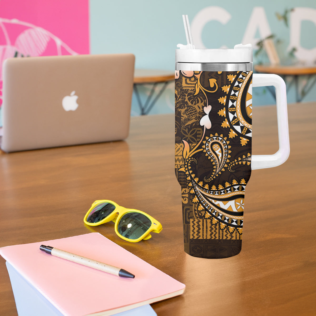 Fiji Masi Paisley With Hibiscus Tapa Tumbler With Handle Gold Version