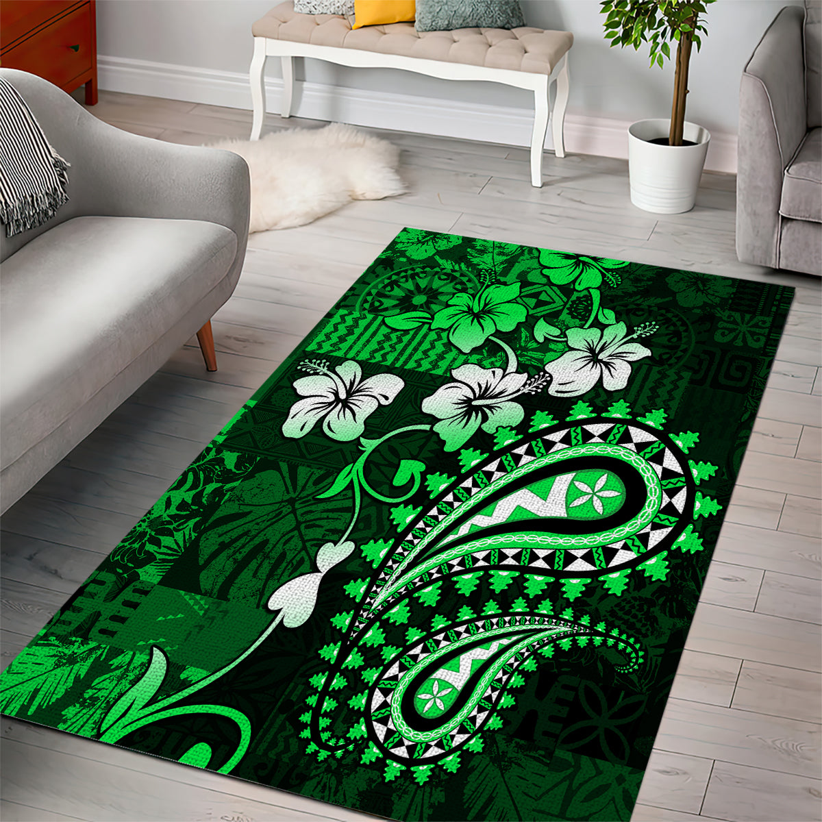Fiji Masi Paisley With Hibiscus Tapa Area Rug Green Version LT01 - Polynesian Pride