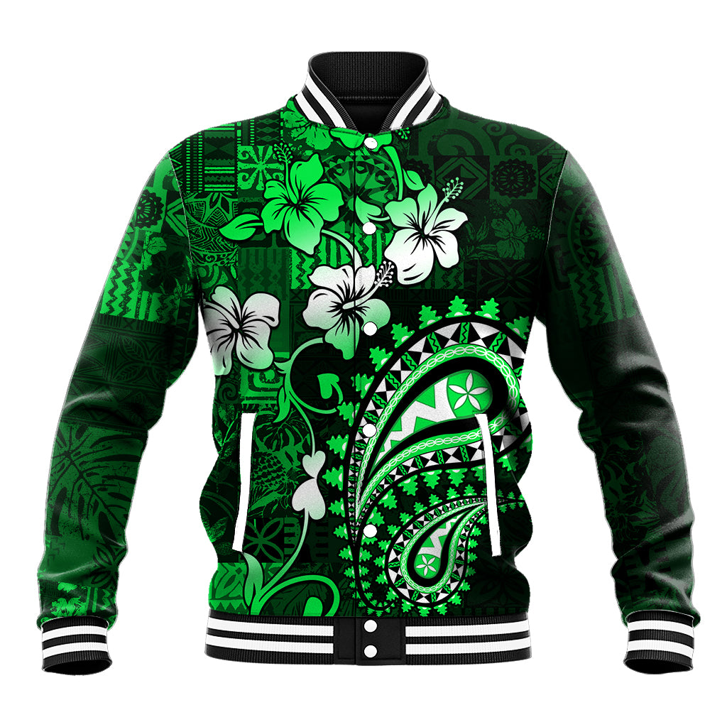 Fiji Masi Paisley With Hibiscus Tapa Baseball Jacket Green Version LT01 Unisex Green - Polynesian Pride