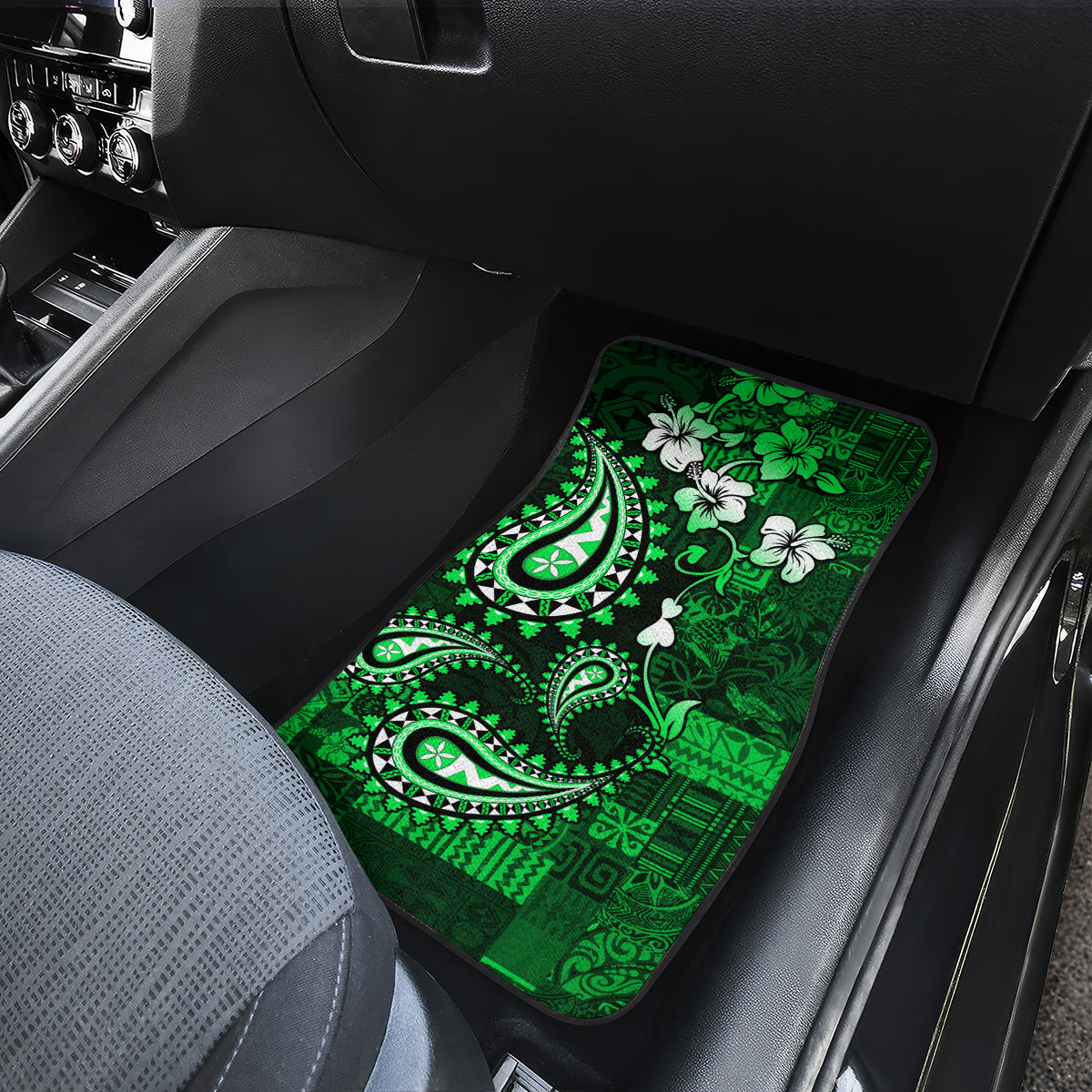 Fiji Masi Paisley With Hibiscus Tapa Car Mats Green Version LT01 - Polynesian Pride