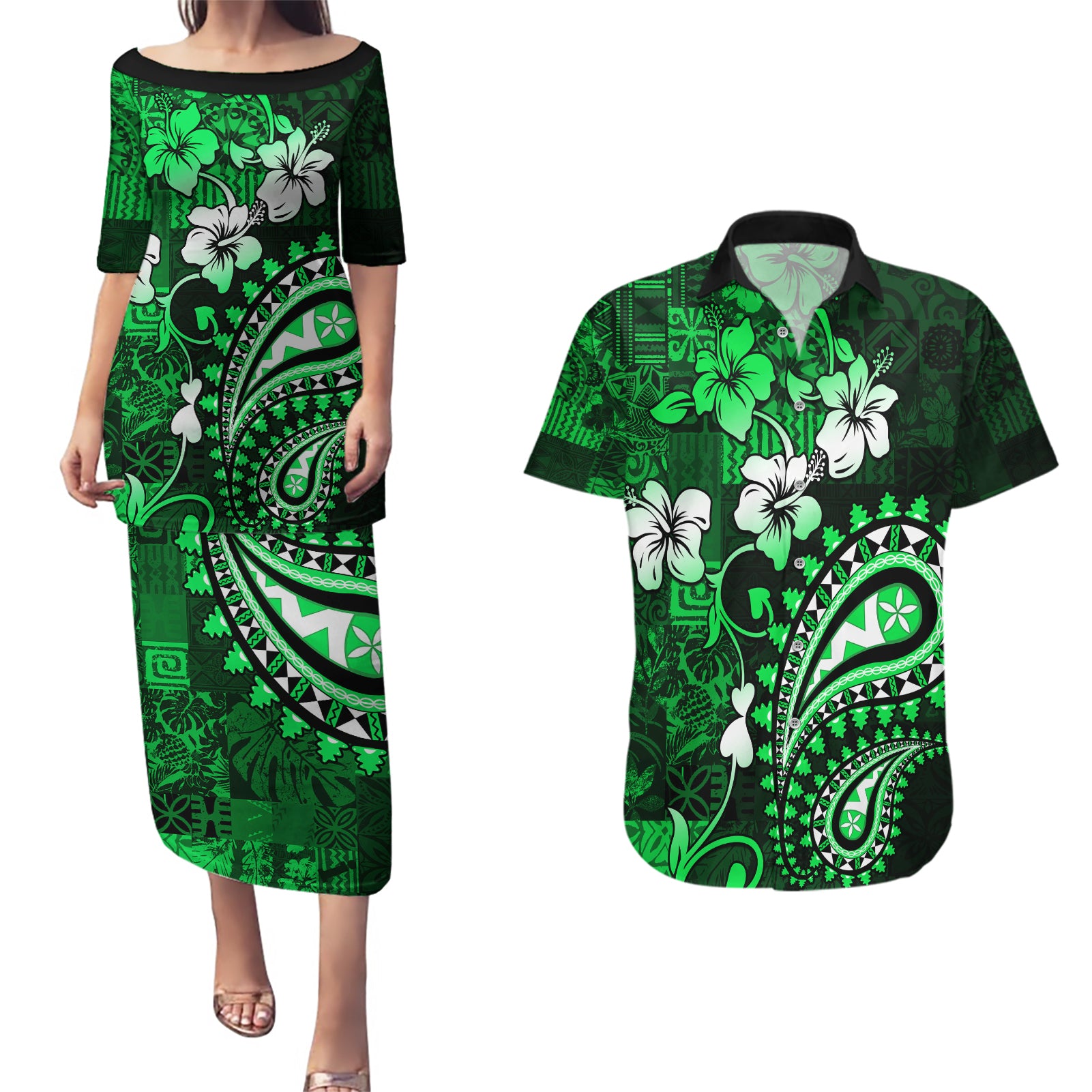 Fiji Masi Paisley With Hibiscus Tapa Couples Matching Puletasi Dress and Hawaiian Shirt Green Version LT01 Green - Polynesian Pride