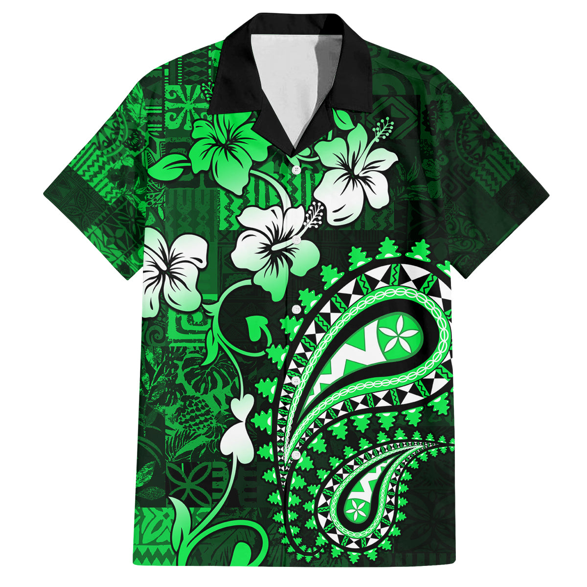 Fiji Masi Paisley With Hibiscus Tapa Family Matching Tank Maxi Dress and Hawaiian Shirt Green Version LT01 Dad's Shirt - Short Sleeve Green - Polynesian Pride
