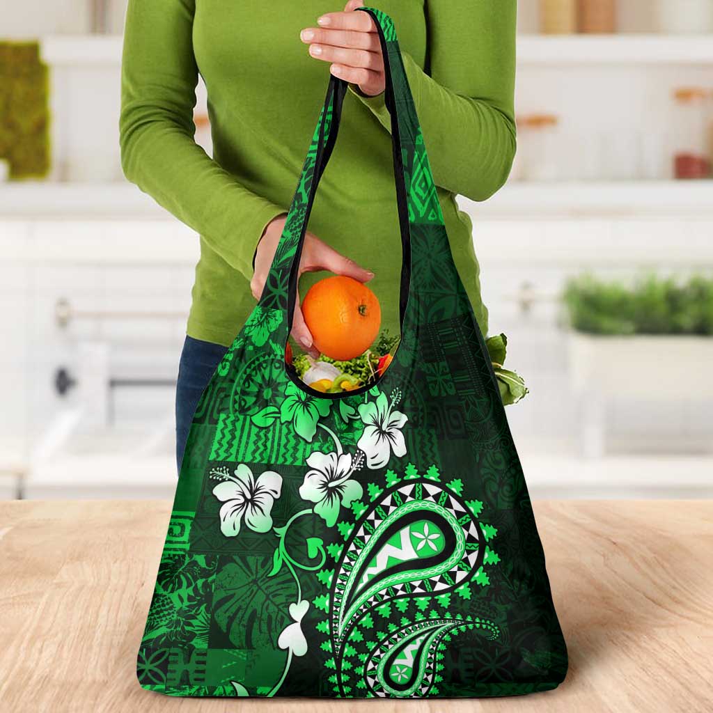Fiji Masi Paisley With Hibiscus Tapa Grocery Bag Green Version