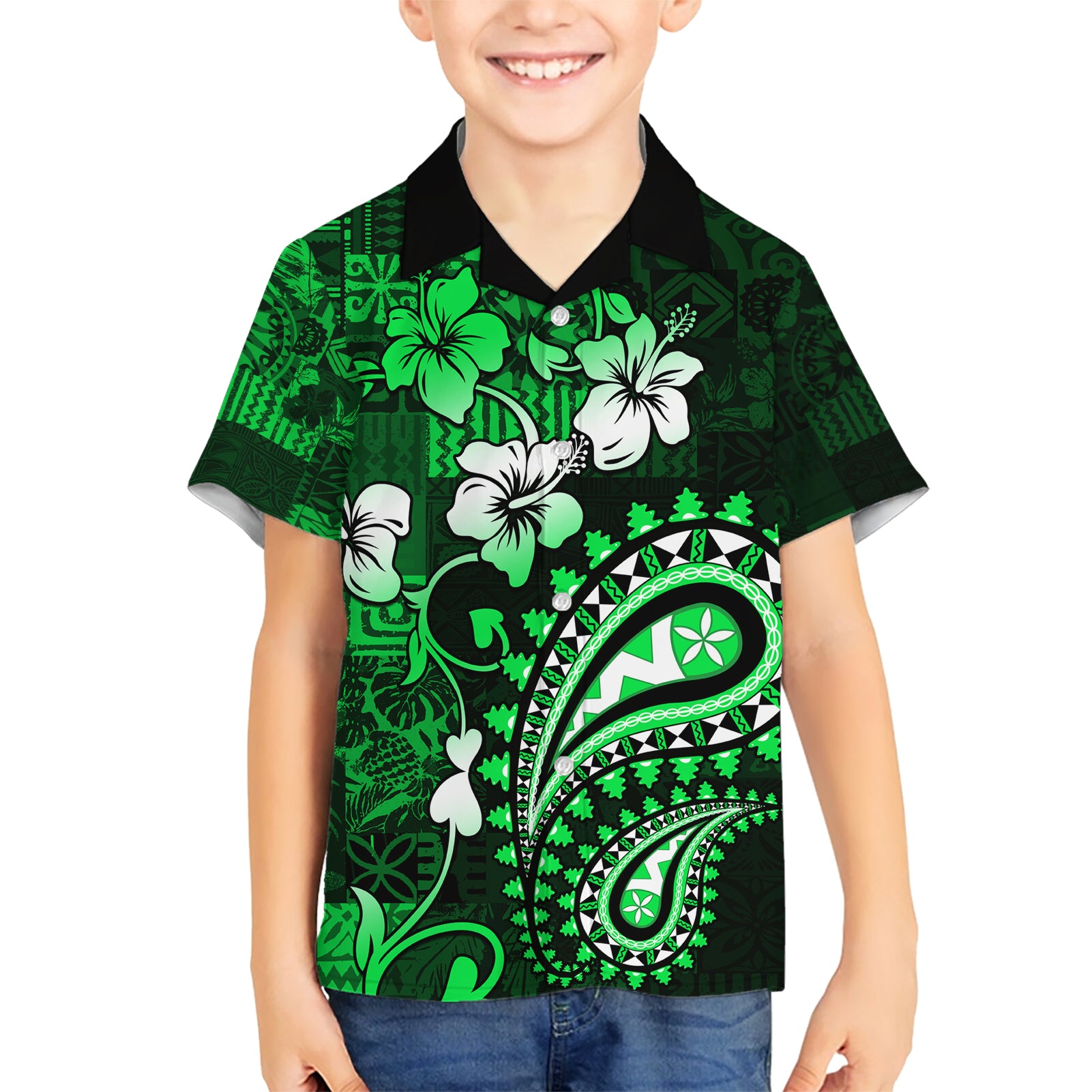 Fiji Masi Paisley With Hibiscus Tapa Kid Hawaiian Shirt Green Version LT01 Kid Green - Polynesian Pride