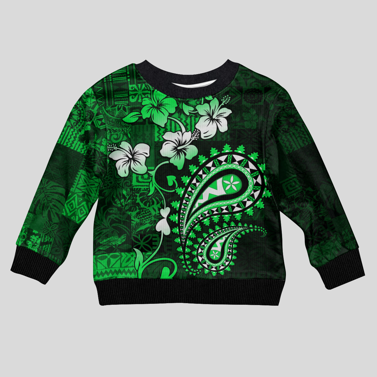 Fiji Masi Paisley With Hibiscus Tapa Kid Ugly Christmas Sweater Green Version LT01 Kid Green - Polynesian Pride