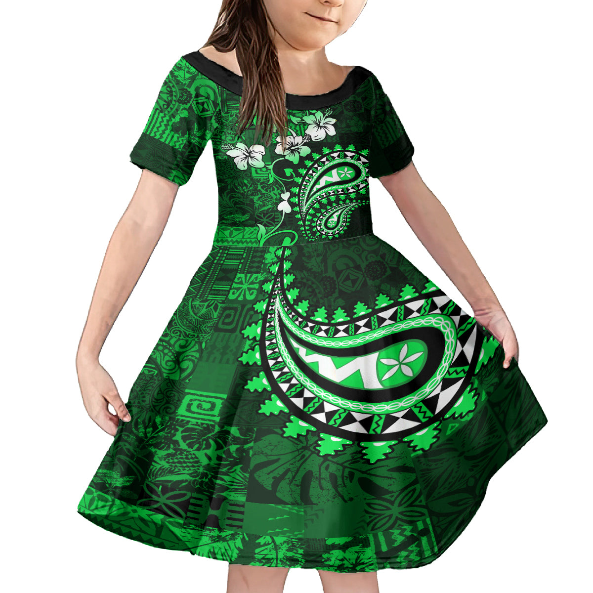 Fiji Masi Paisley With Hibiscus Tapa Kid Short Sleeve Dress Green Version LT01 KID Green - Polynesian Pride