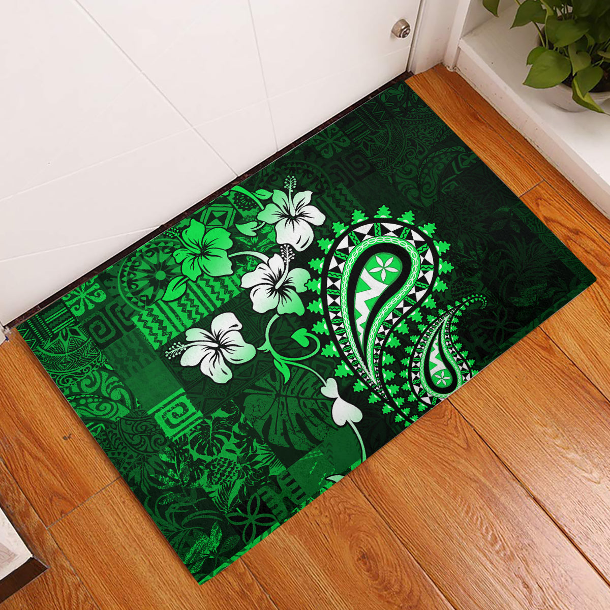 Fiji Masi Paisley With Hibiscus Tapa Rubber Doormat Green Version LT01 Green - Polynesian Pride