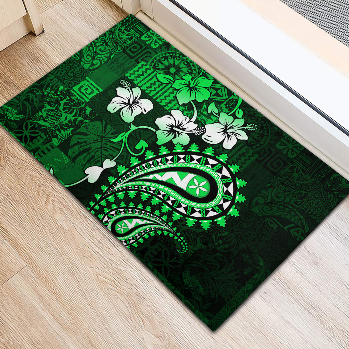 Fiji Masi Paisley With Hibiscus Tapa Rubber Doormat Green Version LT01 - Polynesian Pride