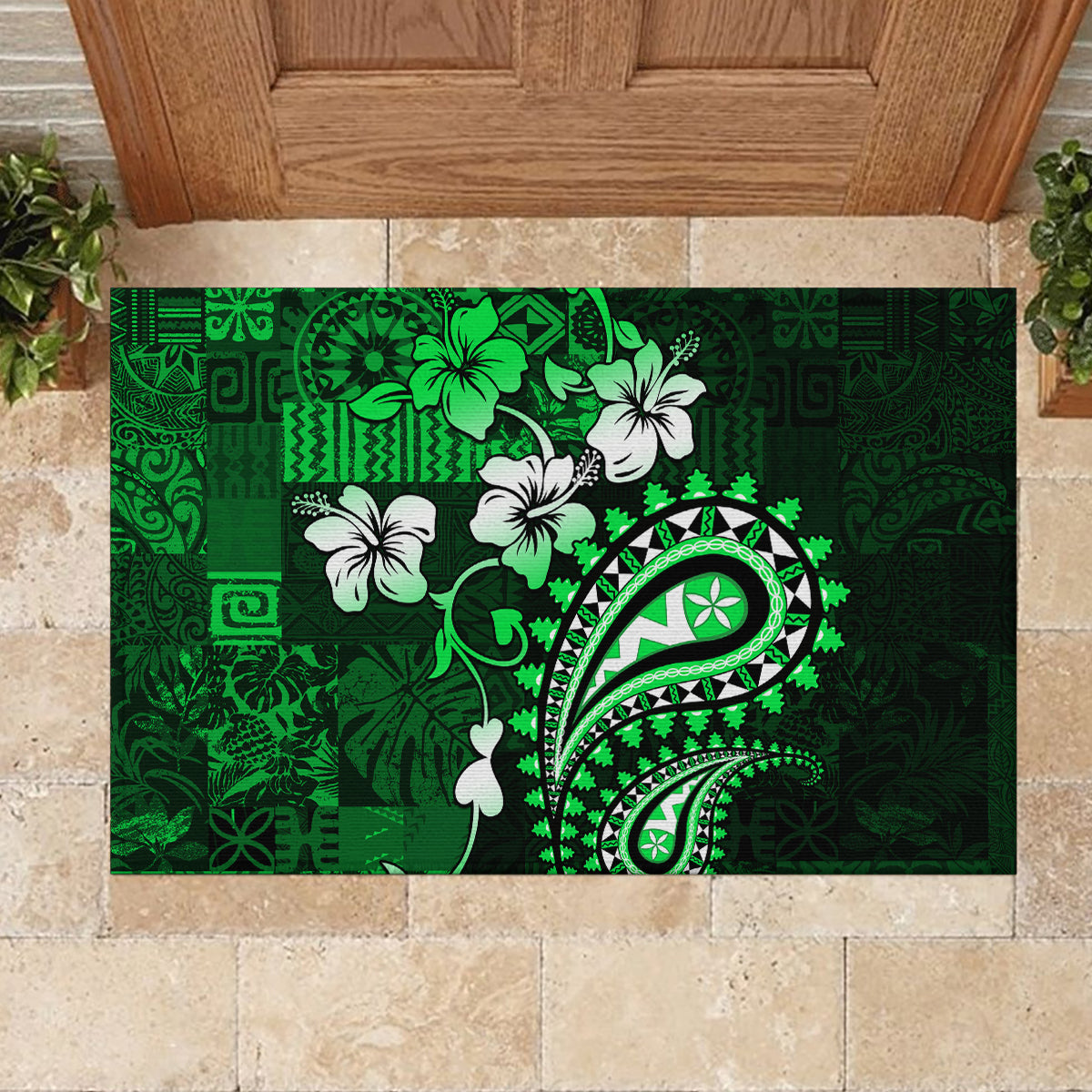 Fiji Masi Paisley With Hibiscus Tapa Rubber Doormat Green Version LT01 - Polynesian Pride